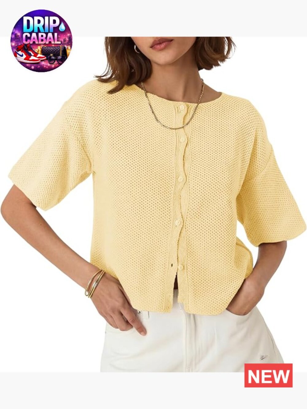 Short Sleeve Cardigan Lightweight Button Down Waffle Knit Loose Crew Neck